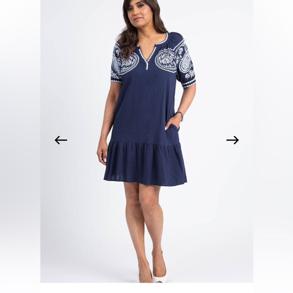 TRIBAL Notch Neck Embroidered Dress in navy blue